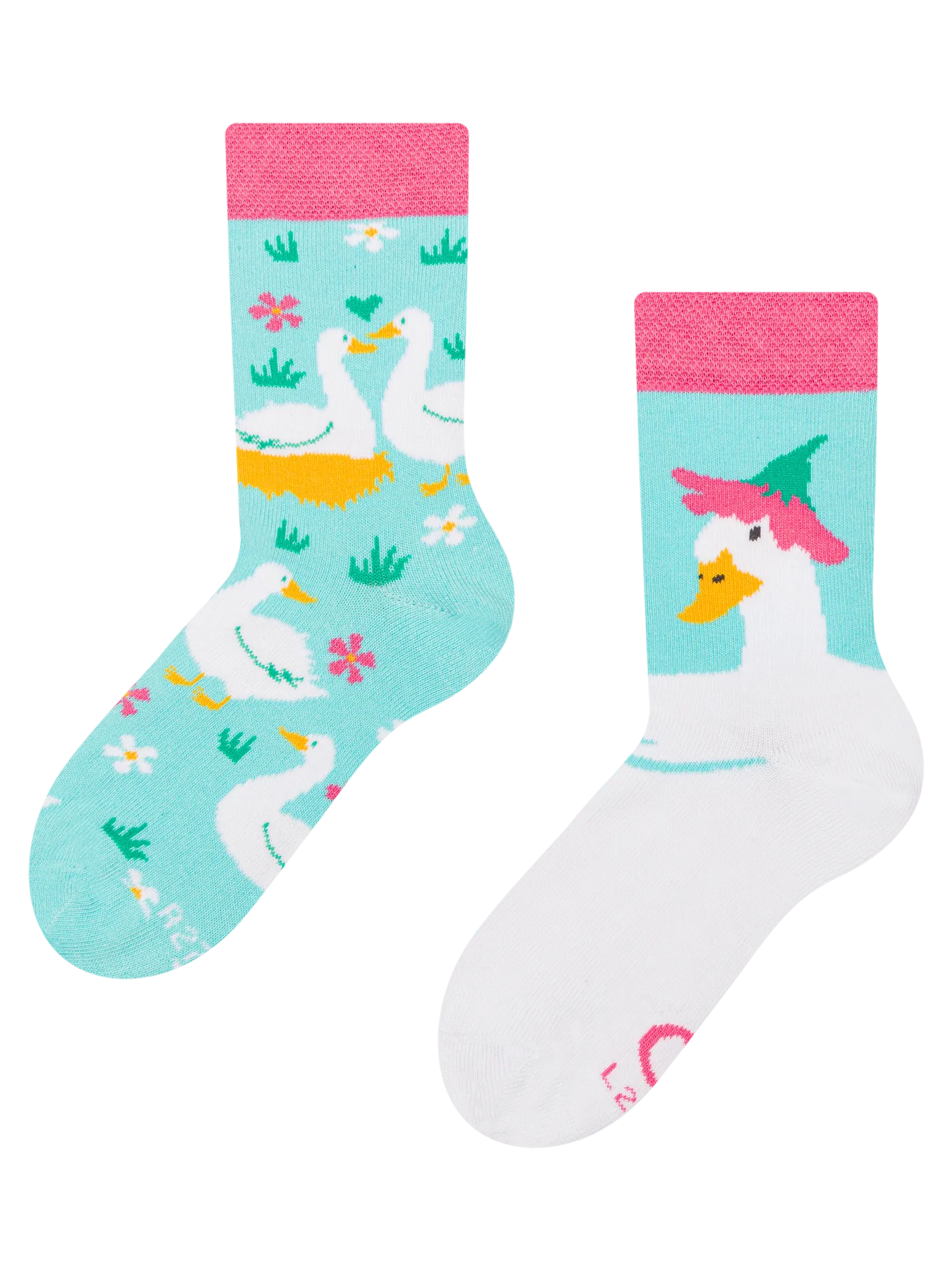 Lustige Kindersocken Gänse und Blumen