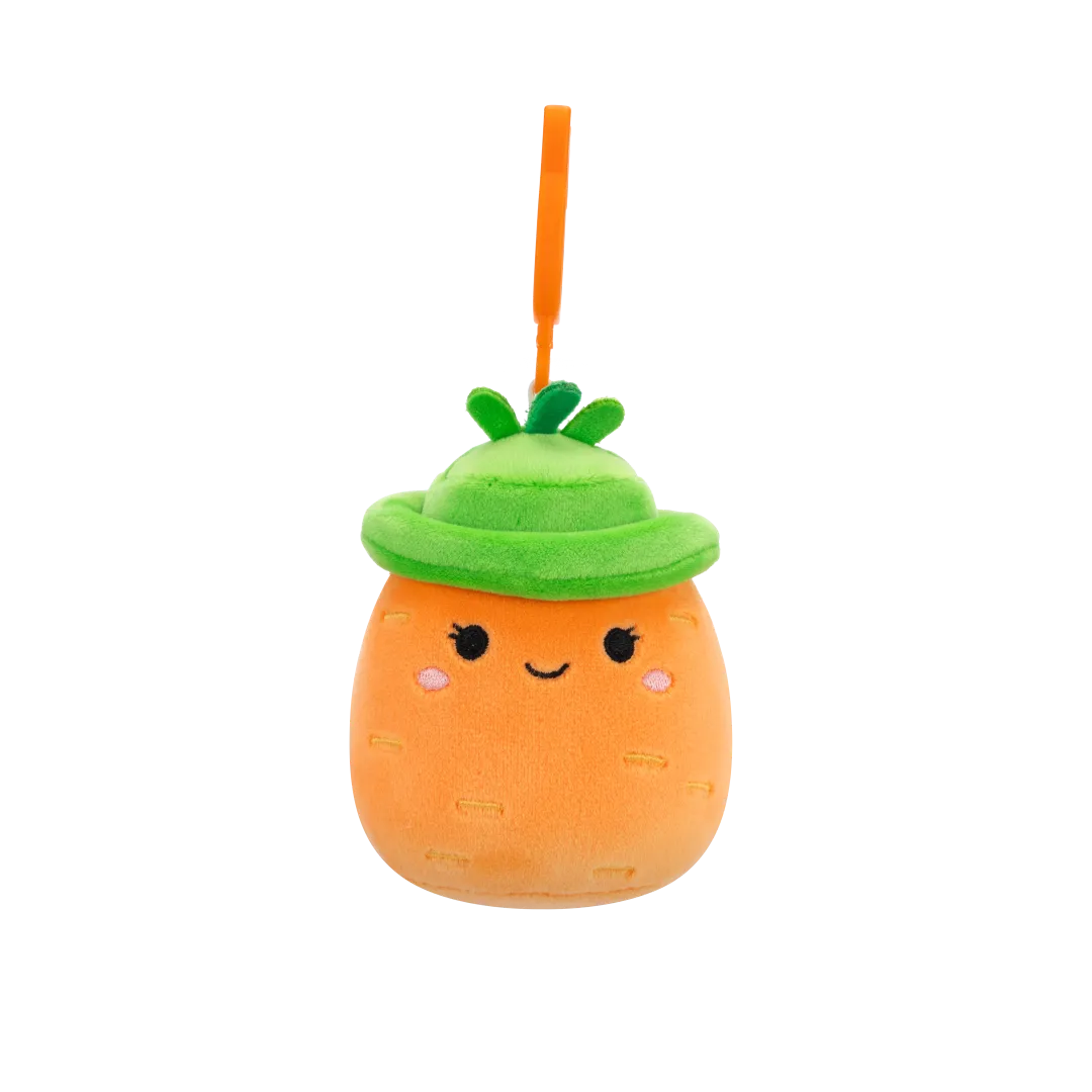 Squishmallows Clip-On Caroleena die orangefarbene Karotte mit Eimerhut, 9 cm