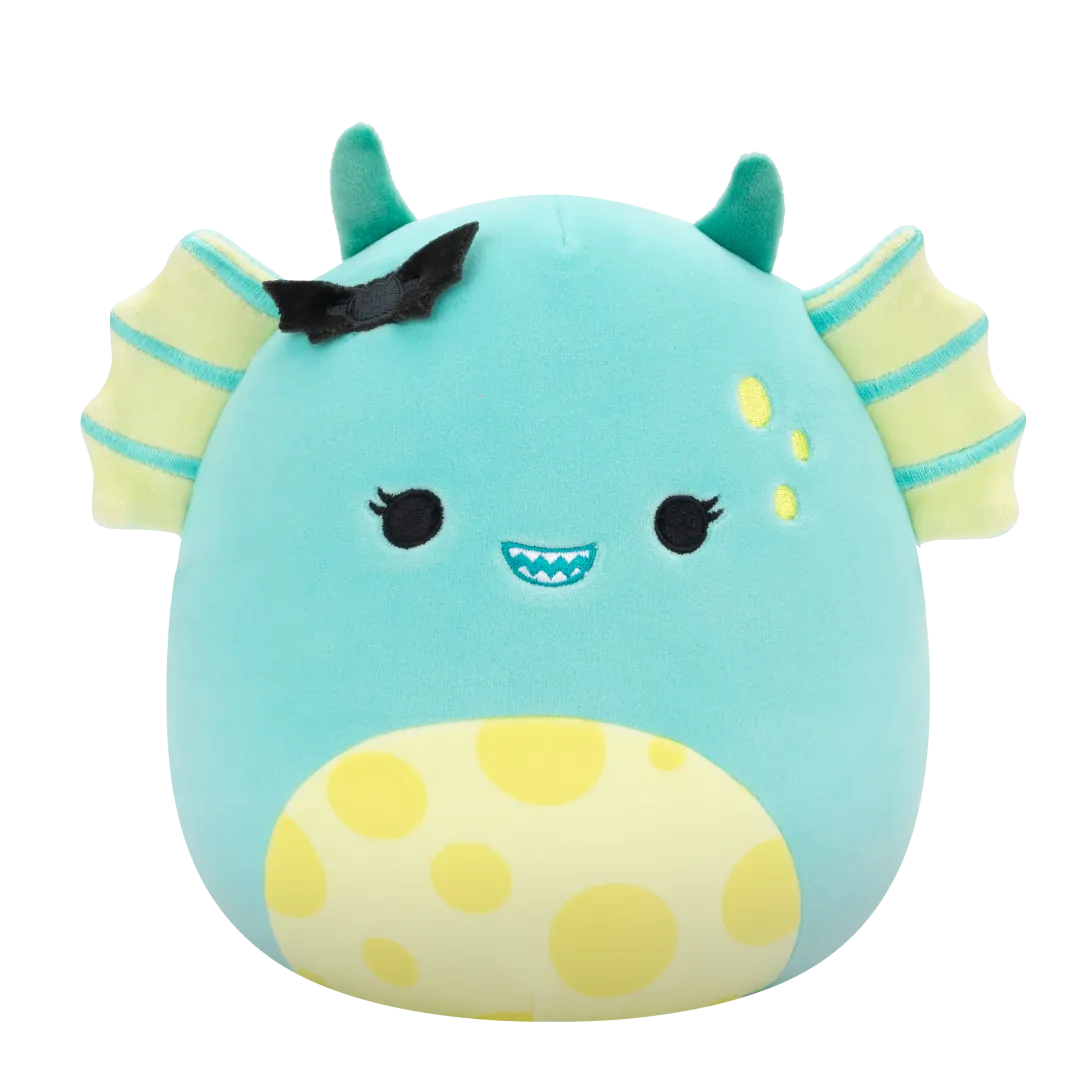Squishmallows Liebster das blaugrüne Sumpfmonster mit geflecktem Bauch und Fledermaus-Pin, 20 cm