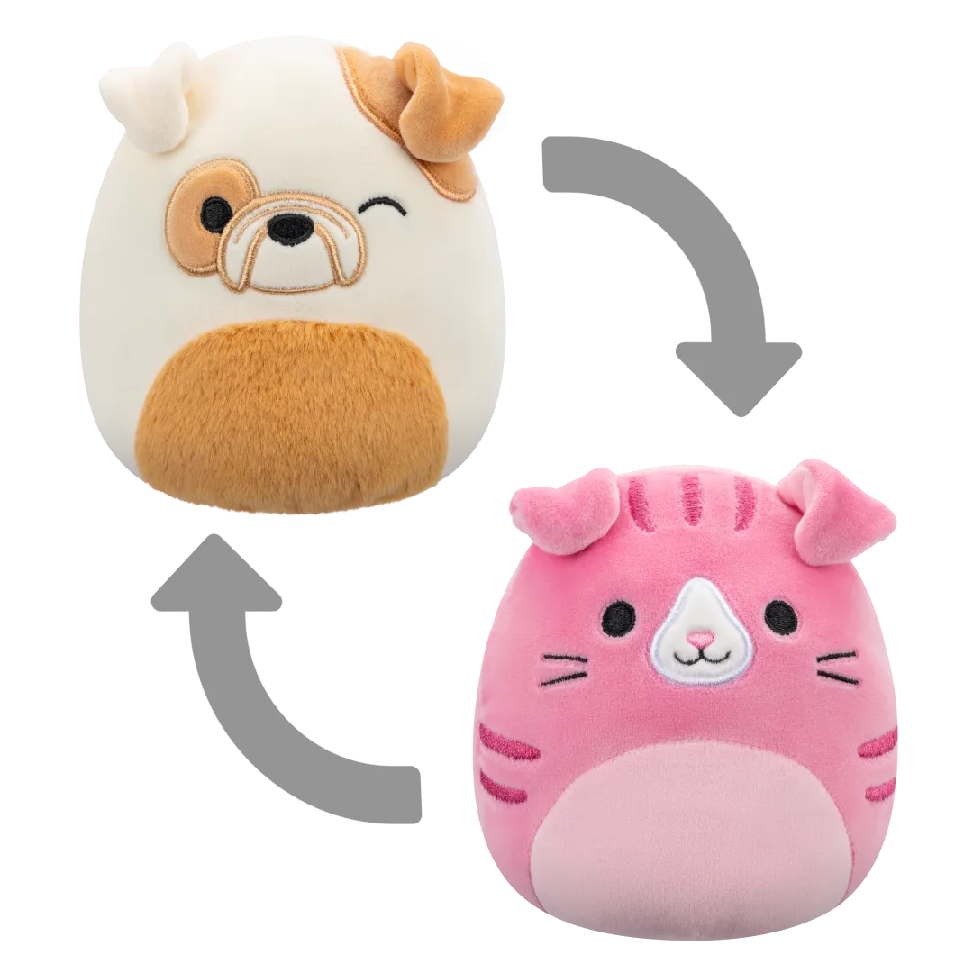 Squishmallows 2-in-1 Geraldine die schottische Faltkatze/Brock die Bulldogge, 13 cm